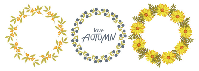 Vector illustration of three autumn wreath designs featuring vibrant yellow flowers, orange berries, and blue accents. Perfect for seasonal decor, invitations, and crafts.
