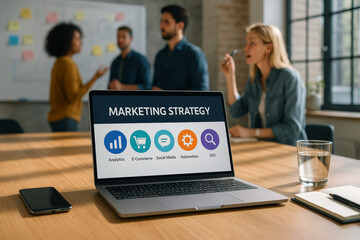 A laptop displaying a marketing strategy presentation during a diverse team meeting in a modern office.