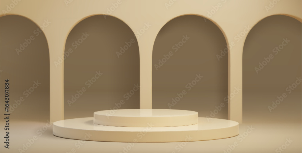 Poster minimal beige podium display with elegant arch backdrop - round platform showcase for product presen