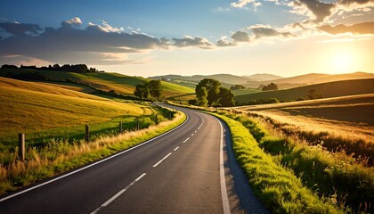 Winding road through golden fields at sunset