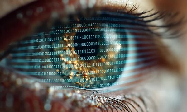 Close-up of an eye with binary code projected onto it