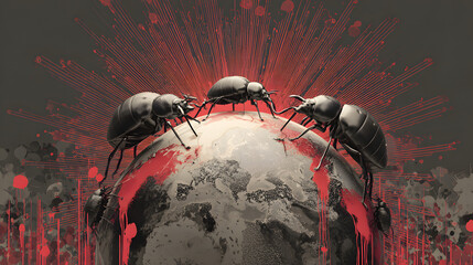 Surreal landscape of giant glowing ticks crawling over a melting earth with radiating red disease vectors