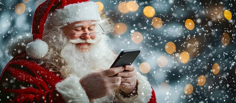 santa claus holding a mobile phone on snowy background