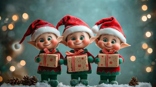 An animated scene showing three Christmas elves carrying festive gifts