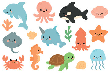 A collection of cute marine animals including a dolphin, octopus, narwhal, crab, seahorse, turtle, jellyfish, and starfish, all in vibrant colors.