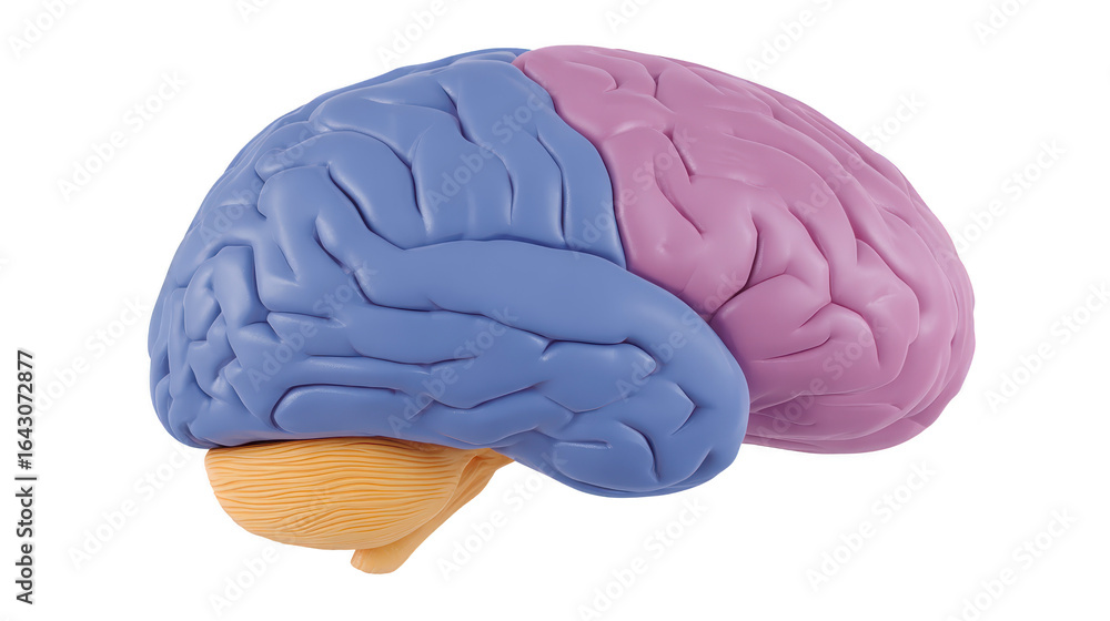 Poster detailed anatomical model of human brain, showcasing left and right hemispheres distinct colors, emp