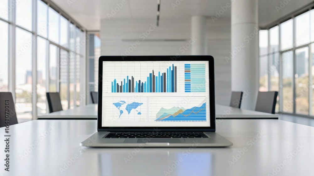 Poster a laptop displaying charts and graphs sits on a modern conference table with large windows offering 