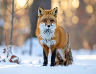 Fototapeta premium Red fox in snowy forest, soft winter light, ultra realistic, 8K