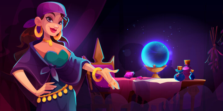 Cartoon fortune teller gypsy woman with crystal ball - smiling mystic character in colorful costume, golden jewelry, magical potions on table for psychic reading game, tarot app illustration.