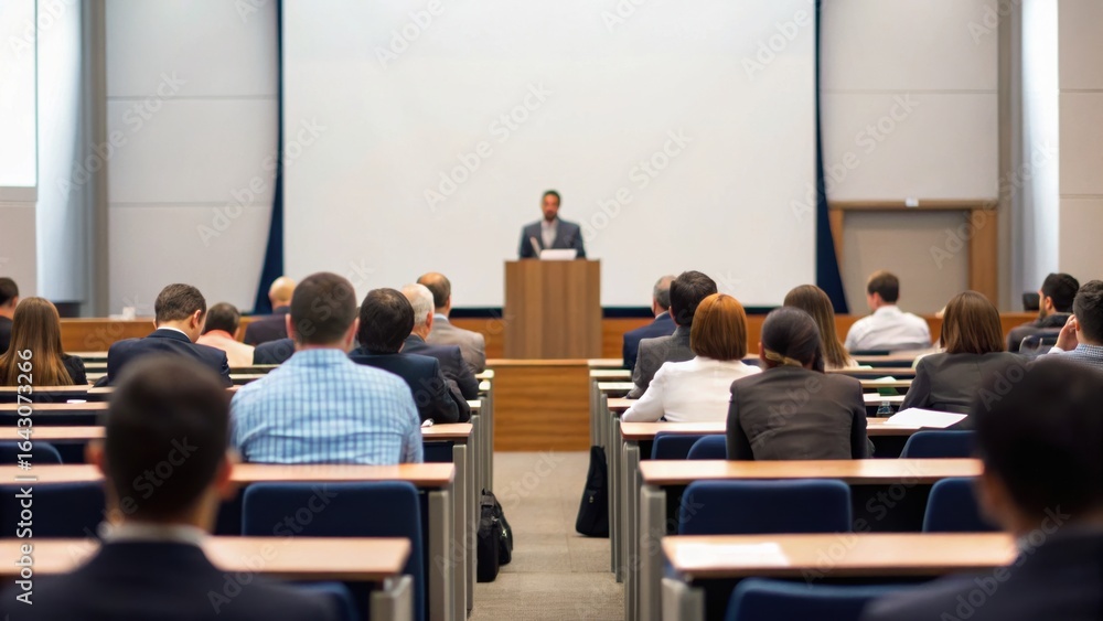 Poster conference setting with a speaker at a podium addressing an audience seated in rows.