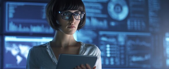 The focused woman analyzing data with a tablet in a modern workspace.