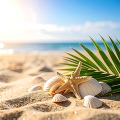 Seashells and starfish on a sunny beach