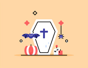 Halloween elements illustration. Illustration of coffin, bat, pumpkin, spider, and candle. Flat and outline style vector design. Orange background