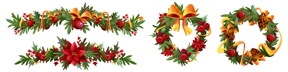 Christmas cartoon garland set with pine branch decorations - festive wreaths and borders with poinsettia flowers, holly berries, golden ribbons, pinecones and baubles for holiday greeting card design © klyaksun