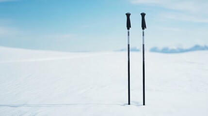 Two trekking poles stand upright on a pristine snowy landscape under a clear blue sky, ideal for illustrating outdoor adventure, winter sports, and hiking gear in marketing materials or travel blogs,