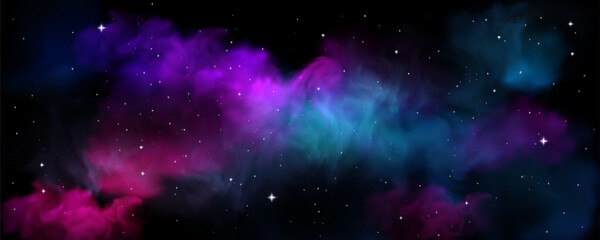 Cosmic nebula with vibrant purple and blue gas clouds - space background with stars, planet atmosphere and interstellar dust. Galaxy scenery for fiction astronomy wallpapers and universe designs. © klyaksun