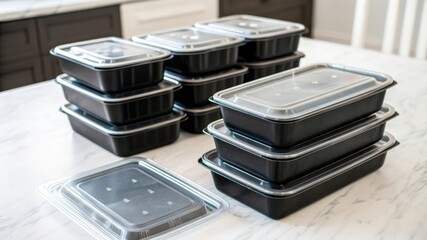 image of black matte takeaway containers with clear lids, arranged neatly on white marble table.