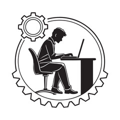 Silhouette of a person working on a laptop at a desk within a circular gear emblem representing industry and technology