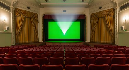 Interior view of a vintage theater with red seating, stage, and green screen.