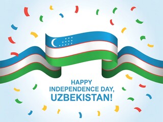 Happy independence day uzbekistan with waving flag and confetti