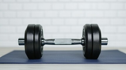A black dumbbell rests on a blue exercise mat against a light brick background, ideal for fitness-related content, workout guides, or promoting strength training equipment,