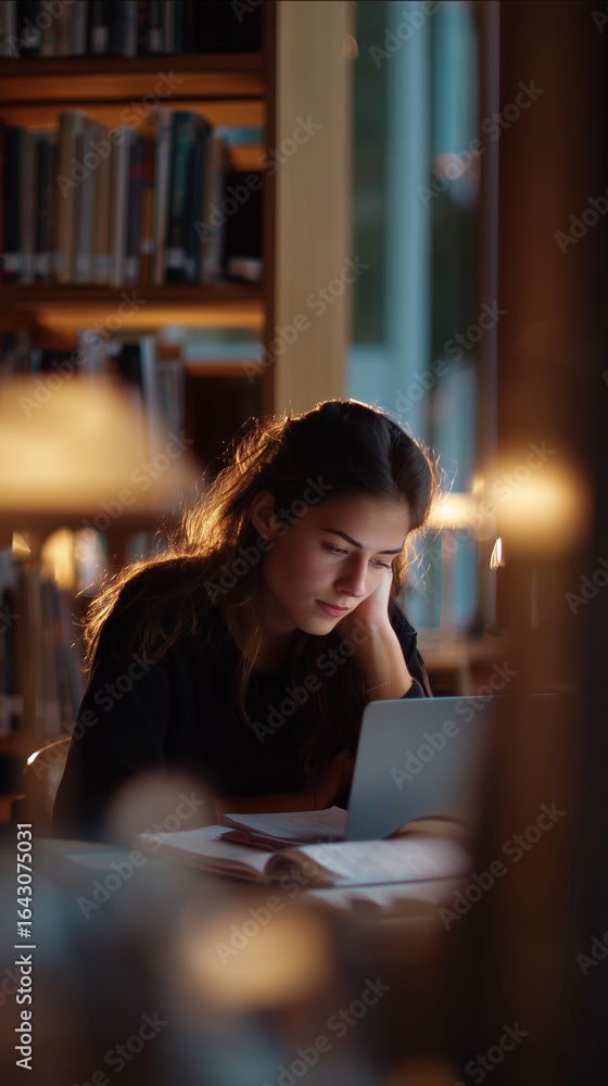 Poster student studies intently in a serene library environment during the evening hours with soft lighting