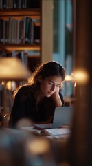 Student studies intently in a serene library environment during the evening hours with soft lighting