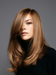 Woman with layered light brown hair on gray background