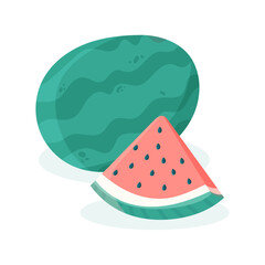 Minimalist modern vector illustration of a whole watermelon with a slice in front, symbolizing refreshing summer fruit