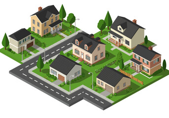 Isometric Illustration of a Suburban Neighborhood with Houses and Landscaping.