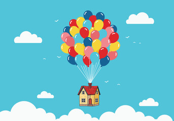 Colorful Balloons Lifting a Small House in the Sky. © aprian