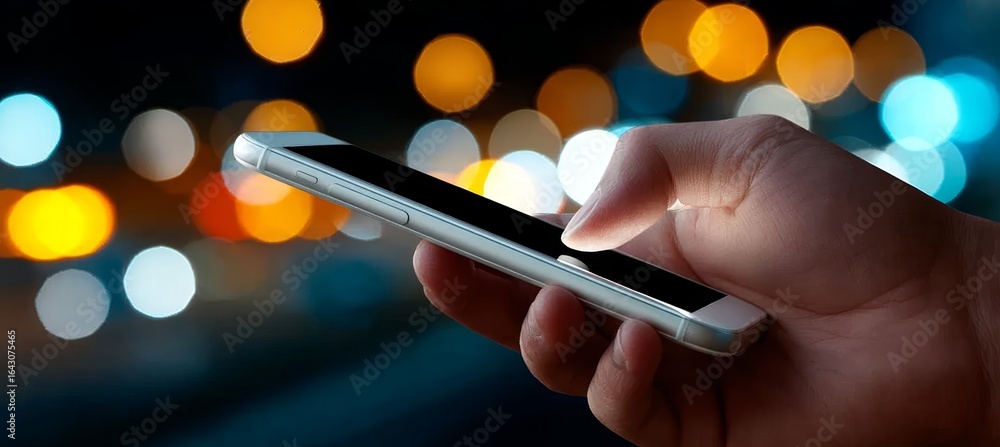 Poster modern smart device concept showcasing user experience with cellphone browsing at nighttime