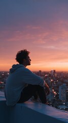 Fototapeta premium Young man enjoys a serene sunset view over a city skyline while sitting on a rooftop ledge at dusk