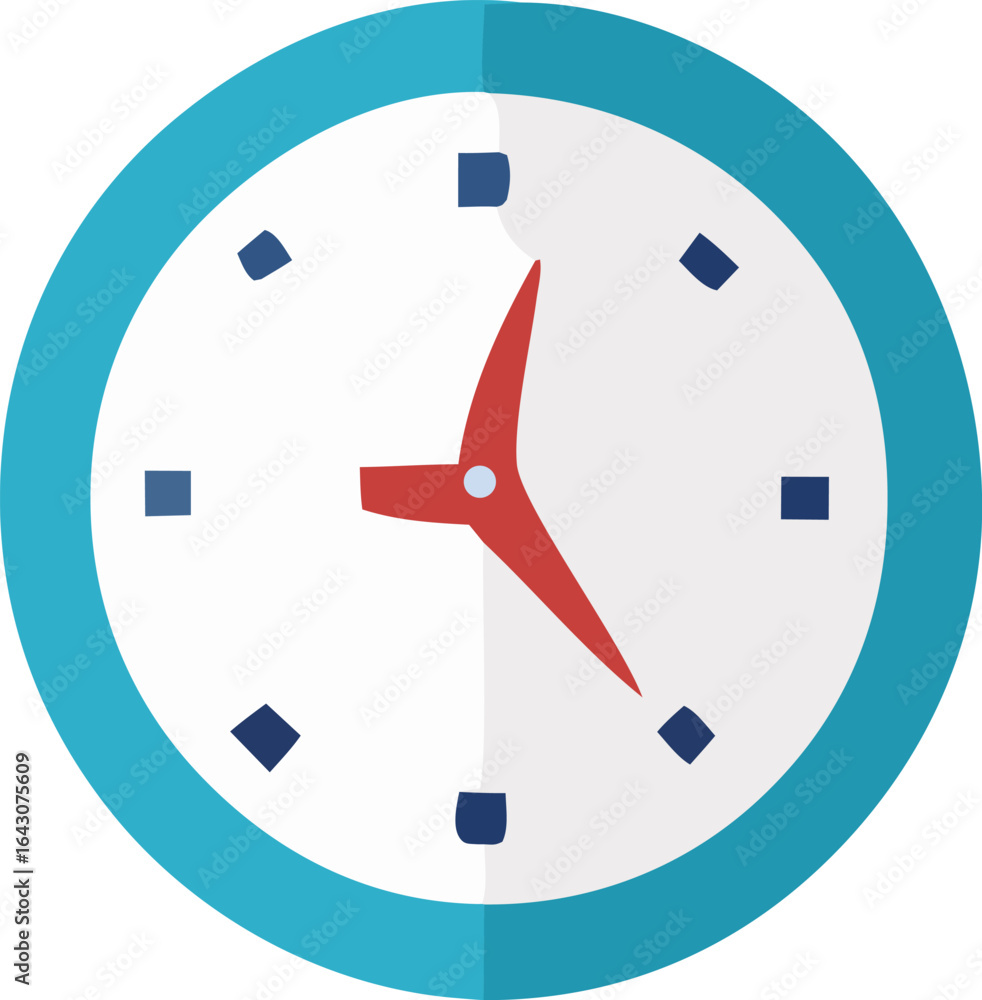 Poster a simple modern flat design illustration of a round analog clock with a blue bezel and red hands ind