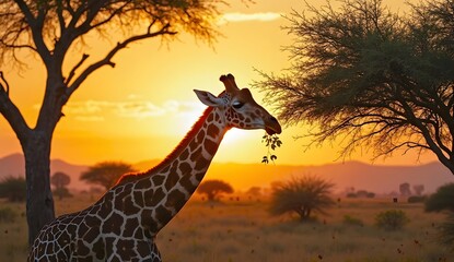 Giraffe eating leaves from an acacia tree at sunset in africa