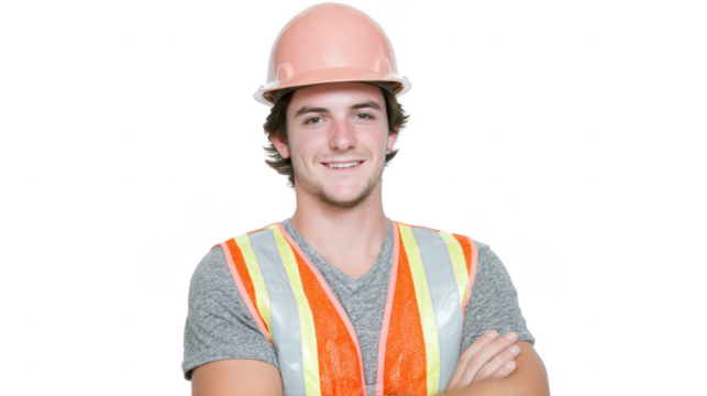 Confident construction worker wearing pink hard hat and reflective safety vest smiles while crossing his arms. His casual attire suggests relaxed yet professional demeanor in work environment