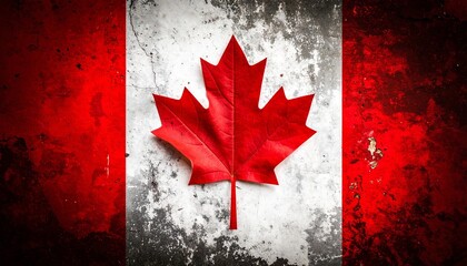 Canadian flag with bold red maple leaf on rustic wooden background, textured and weathered design symbolizing national pride and heritage.