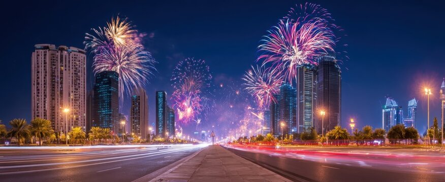 The stunning fireworks display illuminating the city skyline at night. - Powered by Adobe