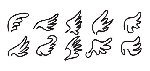 A collection of hand-drawn wing illustrations in various styles. Set of minimalistic black outline angel wings, bird wings, and fantasy wings for design projects, tattoo art, stickers, and decorative 