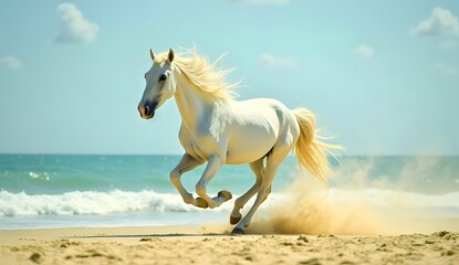 Obraz premium White horse galloping on a sandy beach with ocean waves