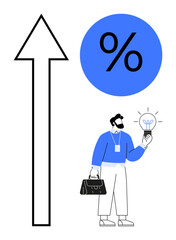 Businessman with briefcase holding lightbulb symbolizes innovation and success. Upward arrow and percentage circle emphasize growth, goals, and achievement. Ideal for progress, finance, business