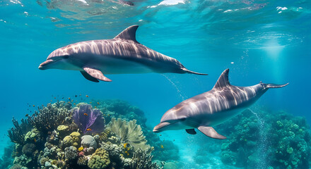Fototapeta premium Watch playful dolphins swimming in crystal clear blue ocean near vibrant coral reefs, a serene marine life scene