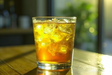 Glass of iced tea or whiskey with ice cubes on a wooden table