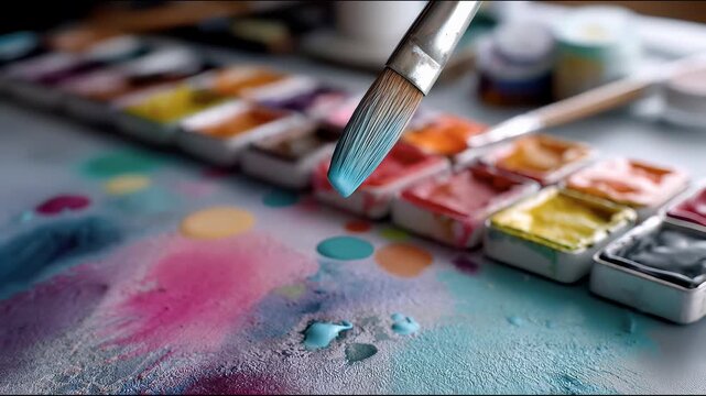 Paintbrush with blue paint dripping onto a textured surface with colorful spots, next to open watercolor pans