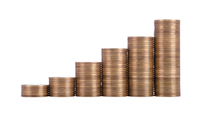 Coins in Ascending Height Stacked and Overlaid Isolated on White Background