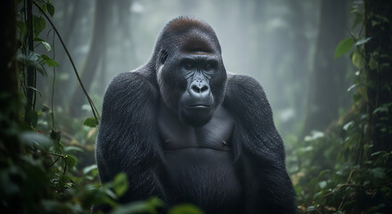 Naklejka premium Majestic gorilla gazes intently from misty rainforest, powerful primate portrait in natural habitat