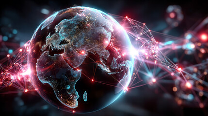 Hand man holding of global Machine Learning network connection, data processing neural networks deep learning algorithm optimization, integration real-time processing automated decision-making.