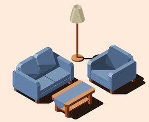 Isometric living room. Isometric sofa, table, and lamp. Living room furniture. Isometric home furniture