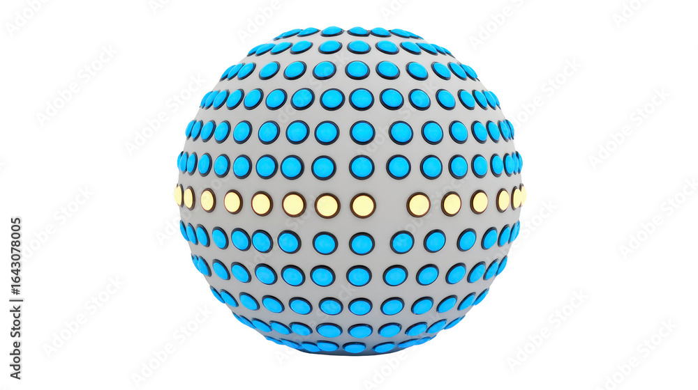 Poster spherical object featuring pattern of blue and yellow dots arranged in rows, creating visually strik