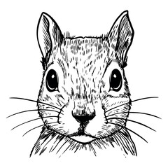A detailed illustration of a squirrel's face. The drawing highlights the large eyes, prominent whiskers, and textured fur of the animal.